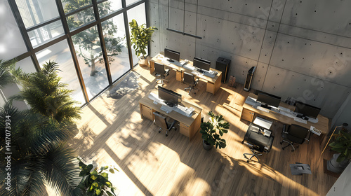 Modern Office Space: A bright and airy modern office space, showcasing a minimalist aesthetic with clean lines, abundant natural light.