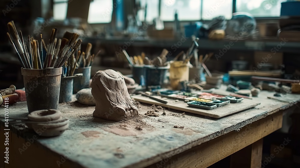 A sculptor’s workspace with a half-finished clay bust, brushes, and tools. Represents art education, studio documentation, or creative inspiration. A sculptor’s workspace with a half-finished clay bust, brushes, and tools. Represents art education, studio documentation, or creative inspiration.