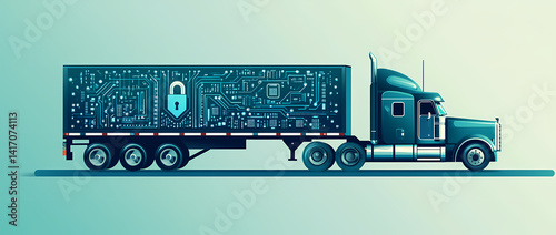 Secure Cargo Delivery: A teal semi-truck, digitally illustrated, transports goods with a trailer showcasing a circuit board design and padlock, symbolizing secure logistics and data protection.