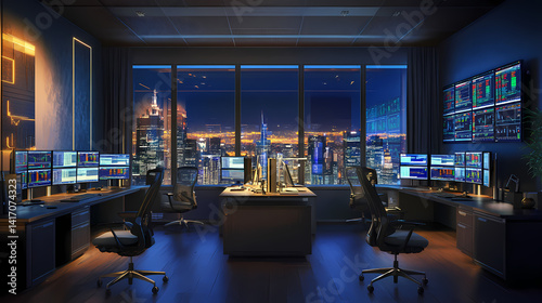 High-Tech Trading Floor: A modern trading floor, with a panoramic view of a city at night. Monitors and computers are arranged, exuding an aura of technology.