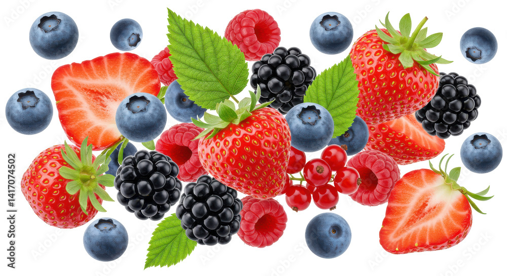 An assortment of vibrant berries including strawberries blueberries raspberries and blackberries scattered around An assortment of vibrant berries including strawberries blueberries raspberries and blackberries scattered around