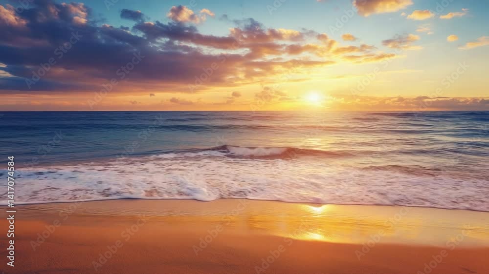 Majestic ocean waves gently rolling onto a sandy beach during a golden sunset scene Majestic ocean waves gently rolling onto a sandy beach during a golden sunset scene