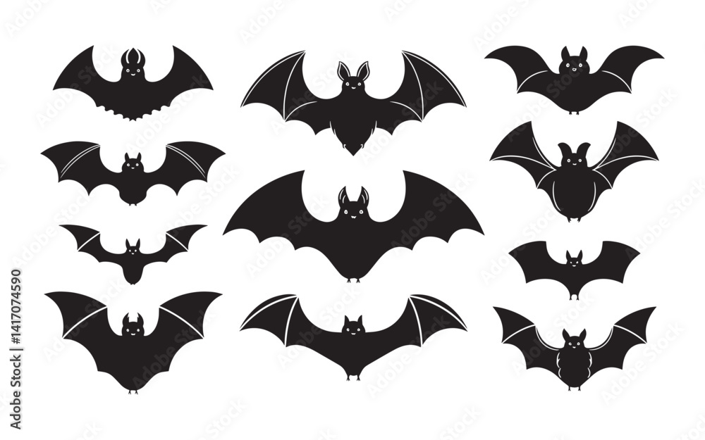 A set of black bat silhouettes with various wing shapes and body forms A set of black bat silhouettes with various wing shapes and body forms
