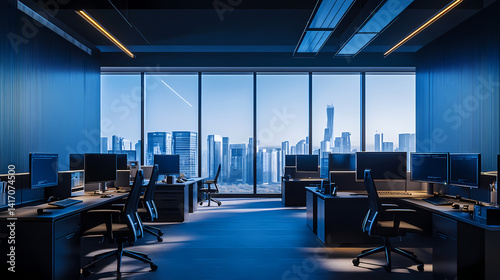 Modern Office: A modern office space is bathed in cool, ambient light, offering expansive views of a bustling cityscape beyond its large windows, embodying the essence of contemporary workspace.