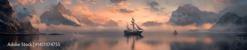 Serene Seascape: A majestic sailing ship navigates a tranquil sea, framed by towering mountains, the soft light of dawn painting the sky with delicate hues, reflecting on the calm waters.
