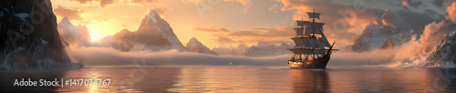 Sailing Into The Sunset: A majestic ship sails gracefully across calm waters towards a breathtaking sunset, with towering mountains rising in the distance, all shrouded in a dreamy, ethereal mist.