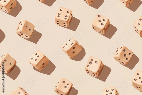Dice pattern with Shadows: An aesthetic arrangement of ivory-colored dice casts intriguing shadows, set against a smooth, warm backdrop. This photorealistic image encapsulates concepts of chance.
