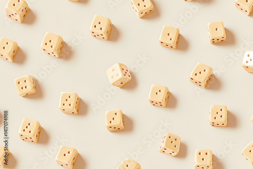 Dice Abundance: A playful array of dice spread across the frame, each with dots, creating a sense of randomness and chance in warm light.