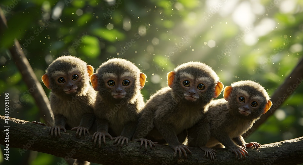 Group of Small Monkeys Sitting on Branch in Forest Group of Small Monkeys Sitting on Branch in Forest