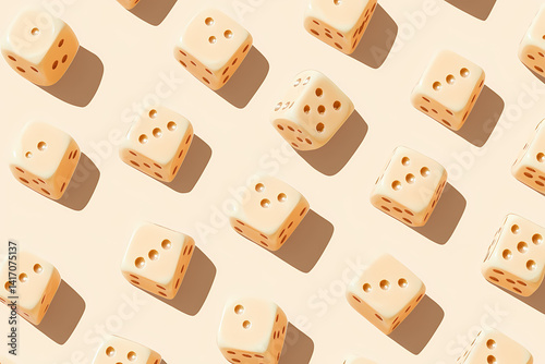 A Dice Game: A top-down view reveals an array of meticulously arranged dice, each displaying a unique number, set against a soft backdrop, embodying chance and calculated strategy.