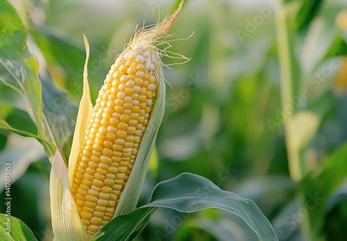 Fresh Ears of Corn Surrounded by Green Leaves in a Glorious Sunlit Field Captured in a Close-Up View Enhancing the Beauty of Nature's Harvest