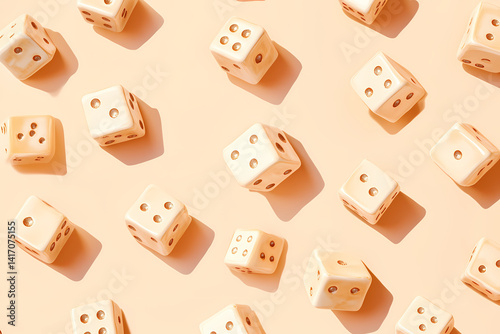 Dice Roll Delight: An array of ivory dice, each bearing unique numbers, is scattered across a light orange surface. A testament to probability and chance.