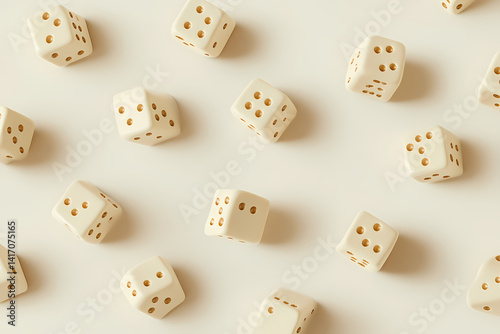 Dice Pattern Play: Overhead shot of scattered ivory-colored dice, a visual of chance, game, gamble, luck and strategy.