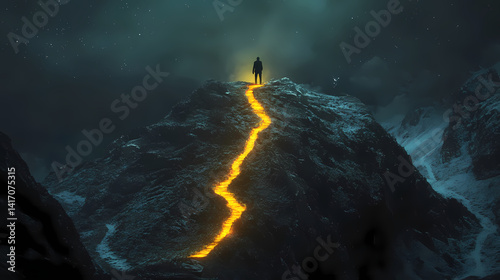Solitary Journey: A lone figure ascends a mountain path illuminated by a golden light, the scene evokes a sense of determination and the journey of overcoming obstacles. 