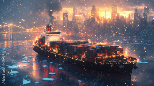 Shipping Through the Winter Cityscape: A massive cargo ship navigates through icy waters towards a vibrant cityscape during a winter evening, its lights reflecting on the water.