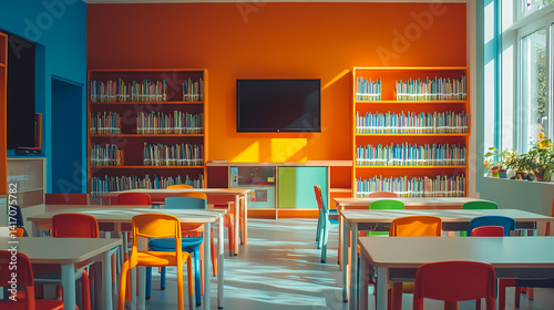 Classroom of Colors: A vibrant classroom filled with the natural sunlight, showcasing desks, bookshelves and colorful interior, a space designed to inspire learning.