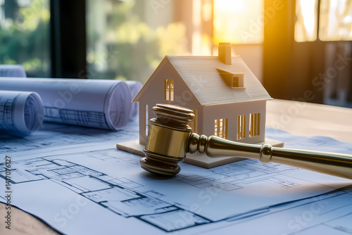 Real Estate Legal: A miniature house, blueprint, gavel and scroll, representing real estate law. The house model, blueprint, gavel, and scroll highlight legal proceedings, real estate transactions.