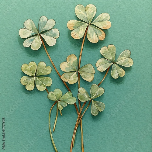 A delicate arrangement of four-leaf clovers against a teal backdrop.