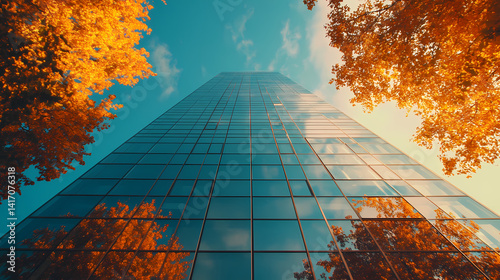 Skyscraper Under Autumn Canopy: Capturing the stark contrast of modern architecture against a stunning autumn foliage in the vibrant golden light.