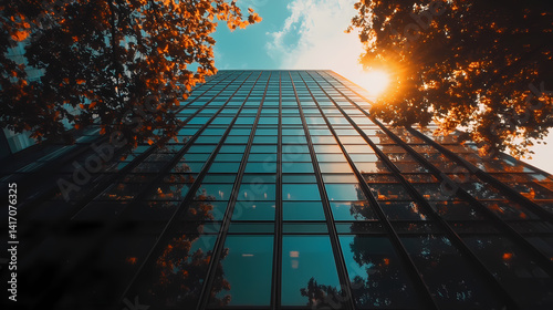Skyward Ascent: A mesmerizing visual journey to a towering skyscraper piercing the sky, framed by nature's embrace, capturing an inspirational shot of urban development against a scenic backdrop.