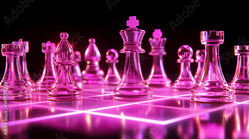 Illuminated Chess: An artistic composition presents a luminous display of glass chess pieces on a checkered board, with neon lines, embodying strategic brilliance.