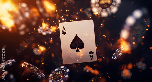 Ace of Spades: This image captures the Ace of Spades card in the center. Emitting an aura of mystique, surrounded by floating chips. The atmosphere exudes a sense of suspense and anticipation.