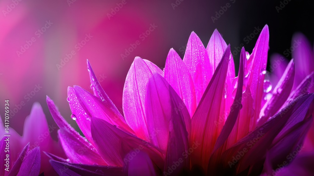 Obraz premium Close-up of vibrant pink flower petals glistening with dew against a soft blurred background