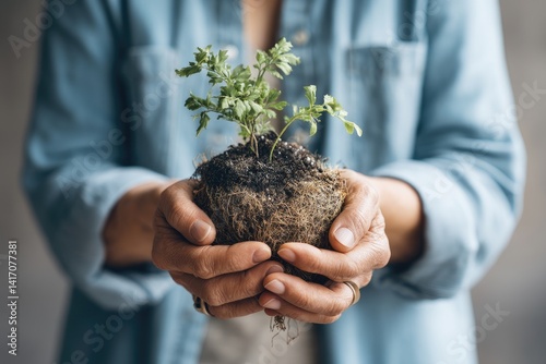 Hands holding small plant in soil (1) photo