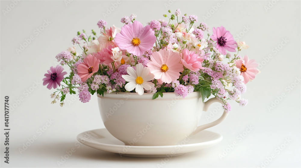 ティーカップに溢れる可憐なピンクの花々のアレンジメント generative ai ティーカップに溢れる可憐なピンクの花々のアレンジメント generative ai