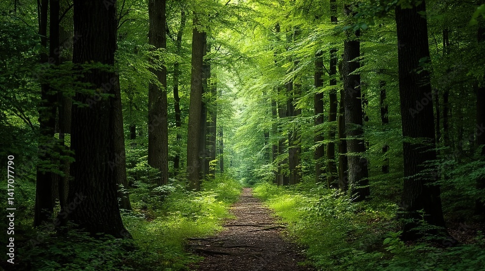 Fototapeta premium Forest Path. A green trail flanked by dense trees and foliage. Used in nature tourism ads, hiking guides, or wellness content. 