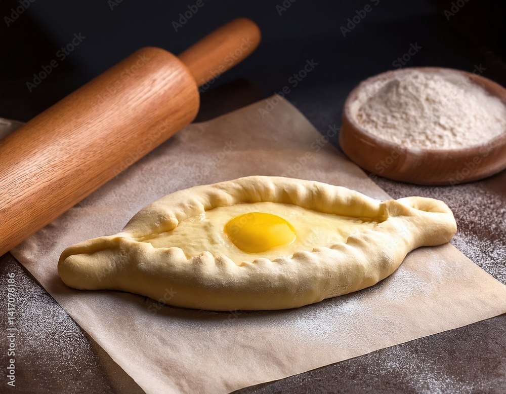 Rustic georgian khachapuri with egg and rolling pin on floured surface Rustic georgian khachapuri with egg and rolling pin on floured surface