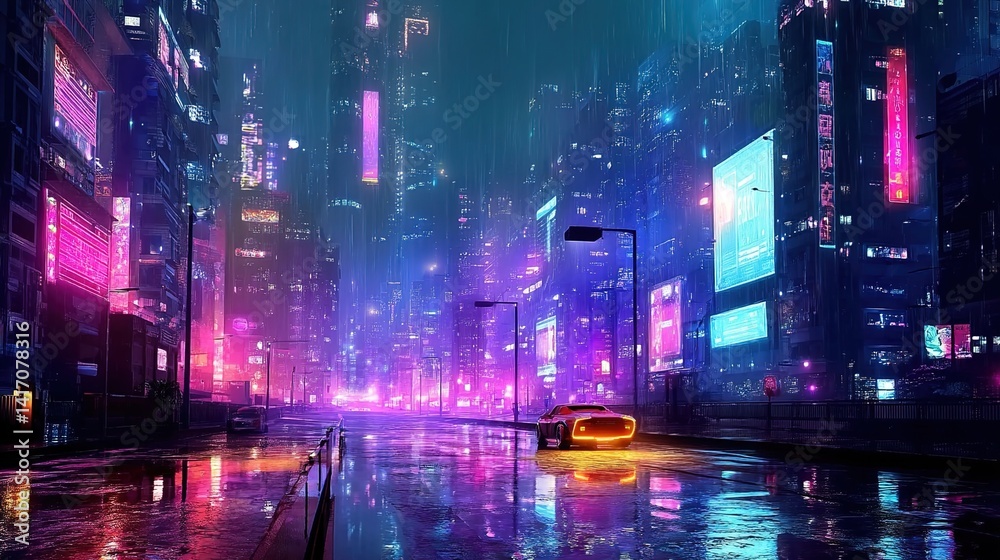 Obraz premium Cyberpunk City. Neon-lit skyscrapers, wet roads, and futuristic cars. Ideal for sci-fi media, game art, or tech branding.