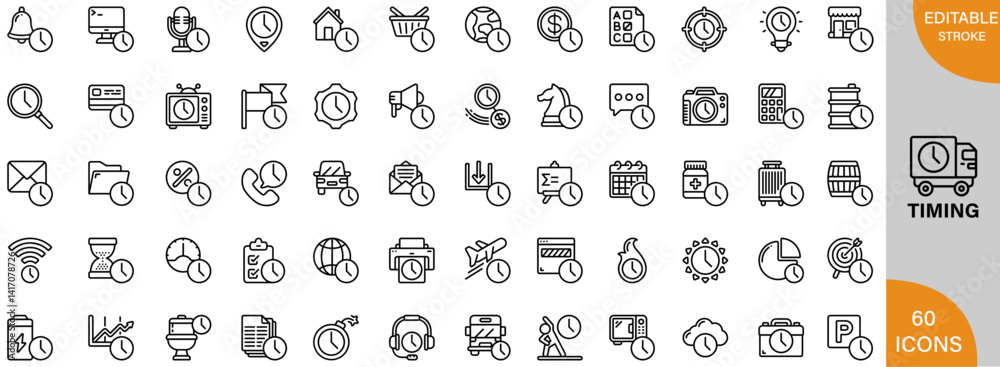 Timing, Time, O'clock icon pack | Detailed Outline | Editable Stoke 60 icon | Victor illustrator. Timing, Time, O'clock icon pack | Detailed Outline | Editable Stoke 60 icon | Victor illustrator.