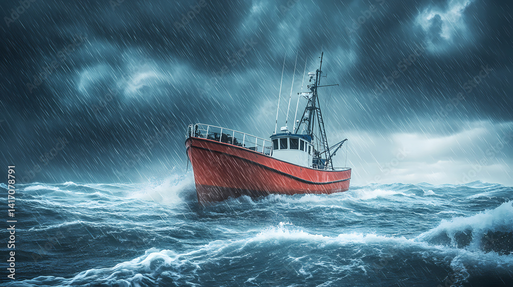 Naklejka premium Stormy Sea: A lone fishing boat bravely navigates through a raging sea under the darkening sky. The image is infused with a sense of impending doom.