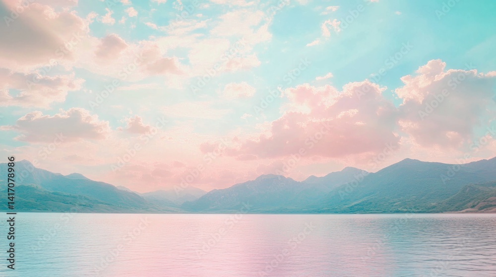 A soft pastel sky and mountains in the background, a calm lake in the foreground A soft pastel sky and mountains in the background, a calm lake in the foreground