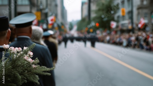 A parade observed by onlookers, dotted with national flags and blurred in the distance, conveying a sense of unity and celebration.