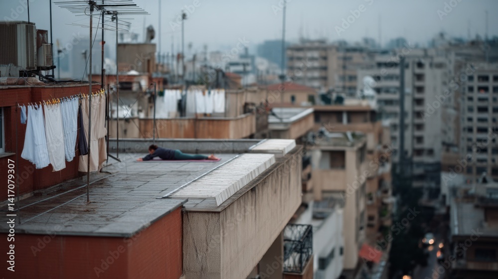Fototapeta premium Against a soft urban skyline, a figure stretches on a rooftop beneath antennas and laundry, capturing urban solitude and resilience.