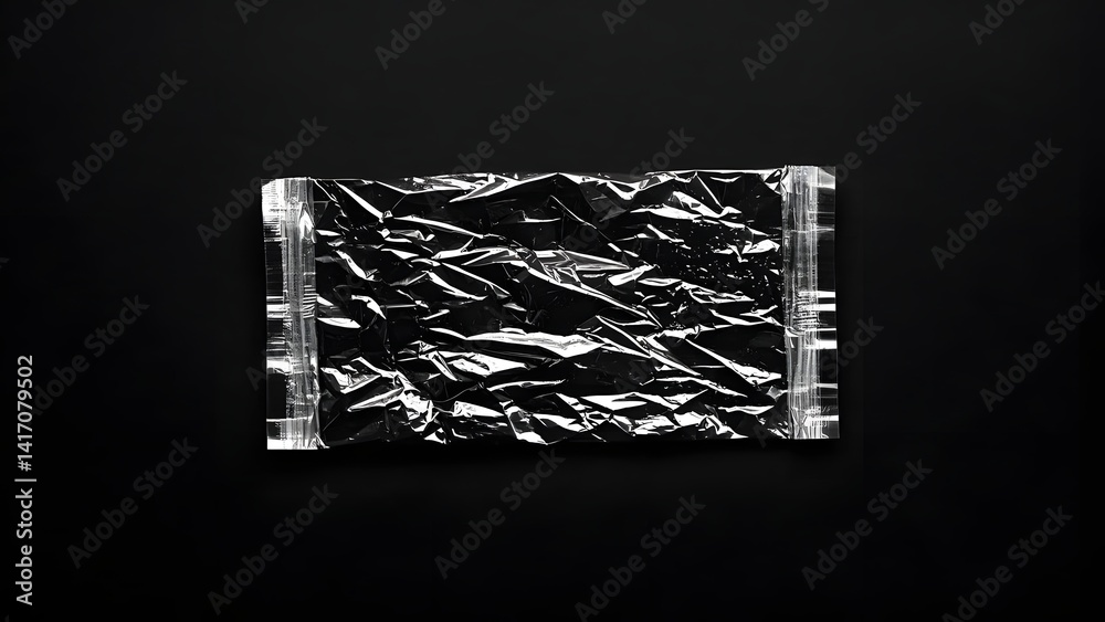 Fototapeta premium Wrinkled plastic wrap texture on a black background. Cellophane package wallpaper