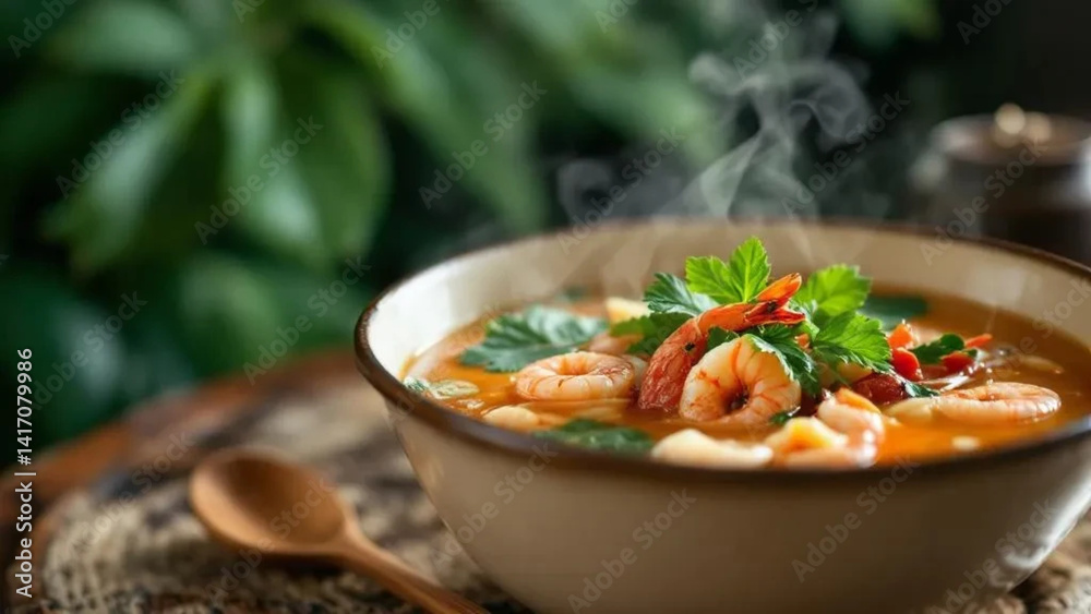 Hot soup with shrimps in a bowl.