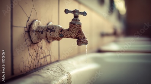 A rustic water tap with cracked paint drips slowly over sinks, capturing the beauty of wear and the passage of time.
