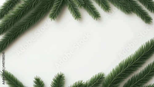 Christmas Evergreen Branch Frame with Pine Cones and Red Berries on White Background