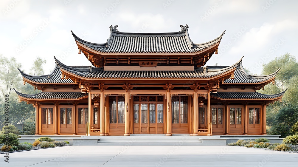 Fototapeta premium Restored asian historical wooden structure frontal view high resolution images