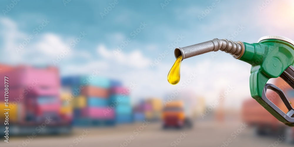 Green Gas Pump Filling Yellow Oil in Dynamic Industrial Setting with Colorful Containers