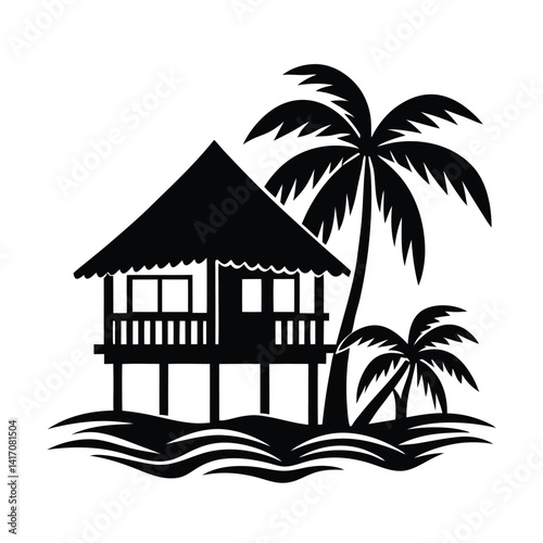 Tropical Black Silhouette Of A Bamboo Bungalow On Stilts