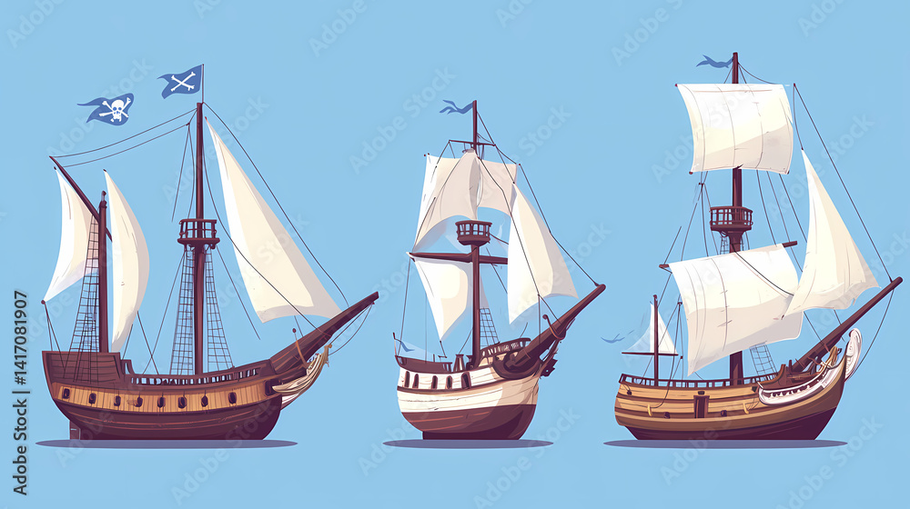 Obraz premium Three Sailboats on the Horizon: A picturesque array of vintage sailboats, meticulously crafted with stunning details, navigate the open water against a serene backdrop.