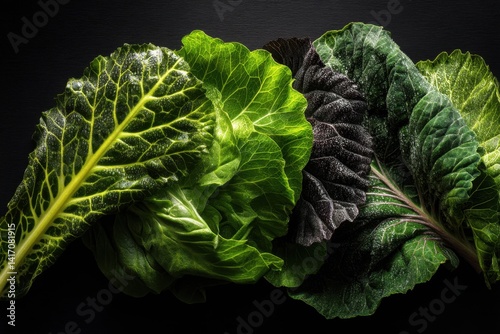 Fresh organic leafy green vegetables on a dark background with detailed texture and vibrant colors displaying a healthy and natural vegetarian food option.
