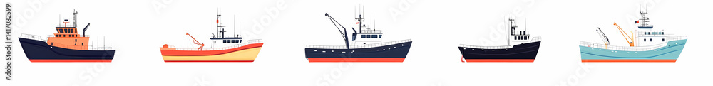 Fototapeta premium Ocean Fleet Array: A minimalist digital rendering showcases a fleet of cargo and fishing vessel illustrations, with diverse hull designs and superstructures