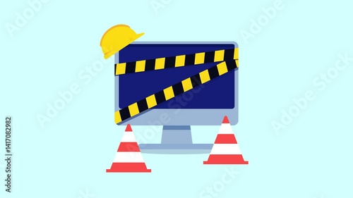 Animation of a computer screen with warning tape, traffic cones, and a hard hat, depicting a computer or website under construction or system maintenance.