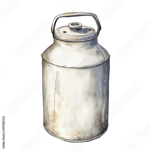 Vintage Milk Can With Metal Handle, vector watercolor illustration, isolated on a white background.