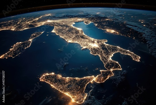 Italy’s Night Lights from Space. A satellite view of Italy’s illuminated cities and Mediterranean coastline at night. Ideal for geography education, tourism campaigns, or environmental studies.